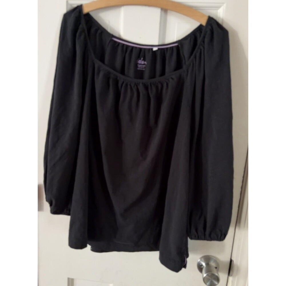 Boden 100% Cotton Women's Size XL Black Crew Neck 3/4 Balloon Sleeve Boho Shirt